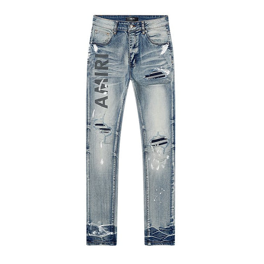 Amiri Light Blue Distressed Leg Print Jeans — front