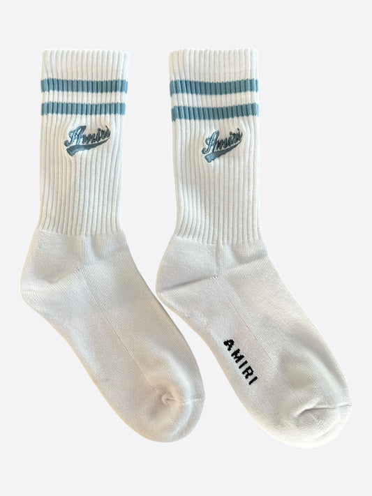Amiri White & Blue Embroidered Varsity Script Logo Socks