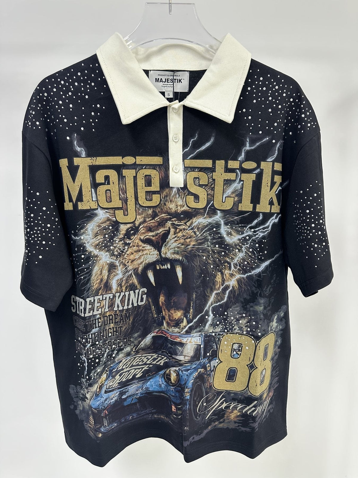 MAJESTIK Black Racing Graphic Polo Shirt — front